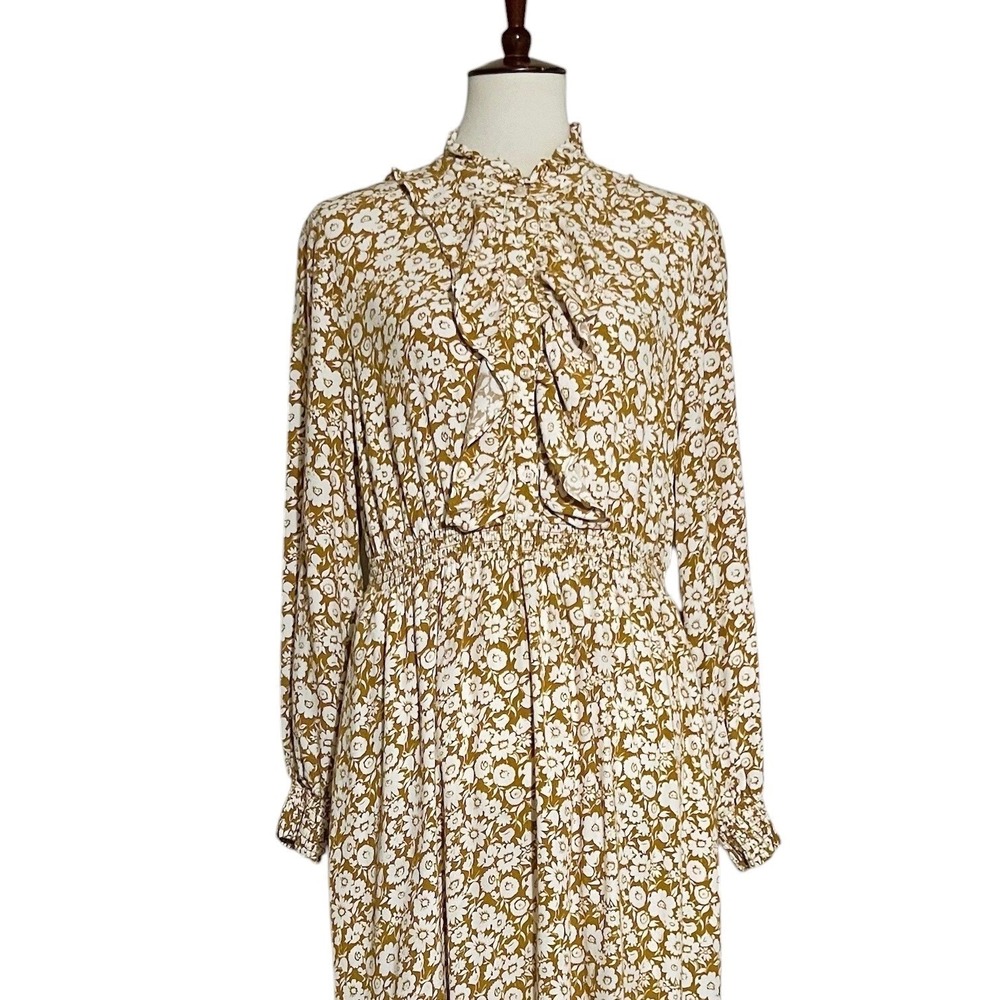 Boden Mustard Yellow Floral Ruffle High Neck Midi Dress Womens US 14 - Picture 7 of 12